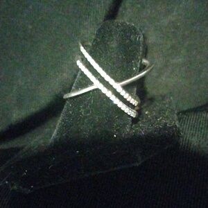 Elegant Sterling Silver Crossover Ring With Pave CZ...Size 7